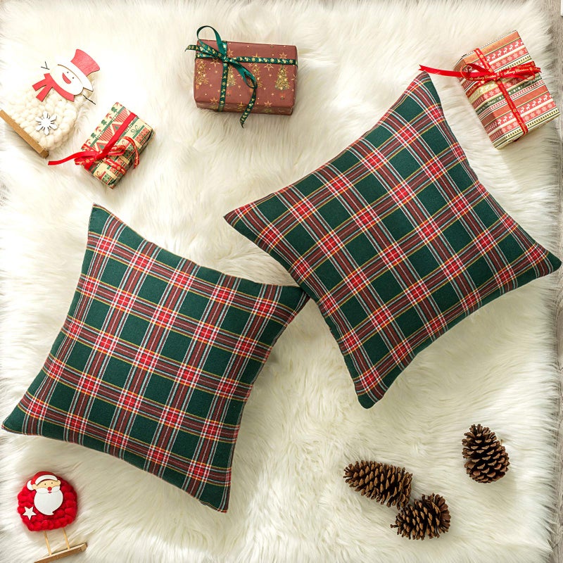 AQOTHES Pack of 2 Christmas Plaid Decorative Throw Pillow Covers Scottish Tartan Cushion Case for Farmhouse Home Holiday Decor Red and Green  18 x 18 Inches - Image 3